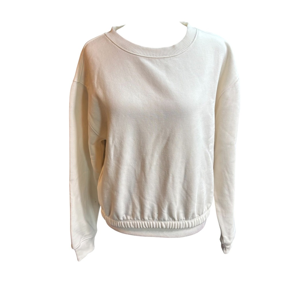 Lou & Grey Signature Soft Fleece Sweatshirt White Crew Neck Elastic Hem S #1194‎